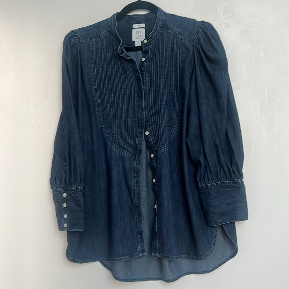 GAP Blue Button Down Shirt with Mandarin Collar and 3/4 Sleeves - Picture 4 of 10
